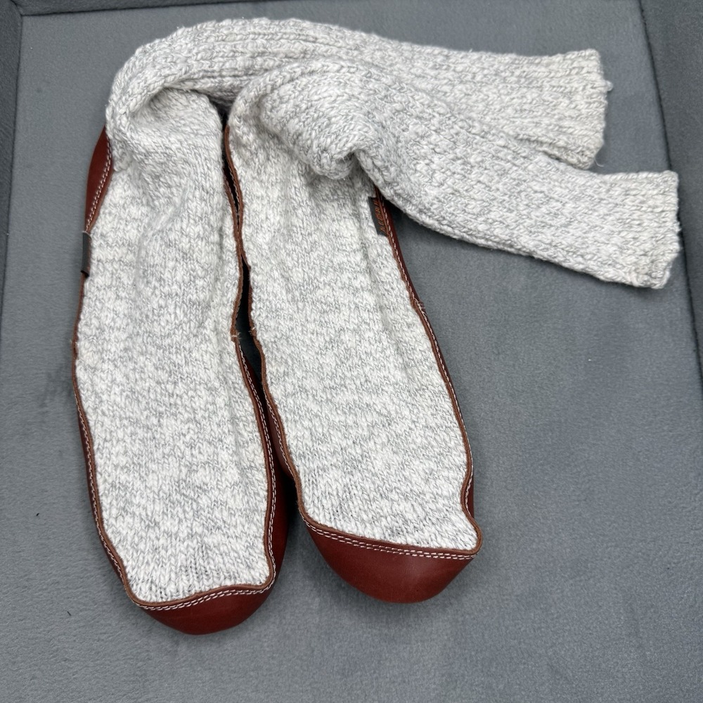 Acorn Men's Slipper Socks Gray Knit Brown Leather Sole Size M 10.5-11.5